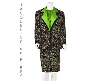 JACQUELINE de RIBES c.1988 Black Velvet & Gold Embroidered Evening Suit, SZ 10