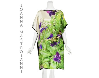 JOANNA MASTROIANNI Vintage Oversized Silk Shift Dress - Purple Iris Floral Print – Pullover (Size 8-10)