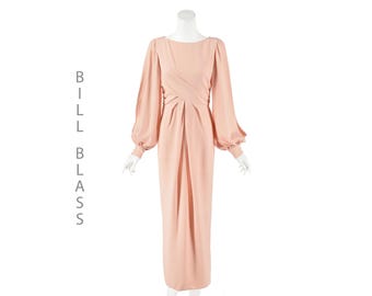 BILL BLASS Vintage Peach Silk Crepe Formal Gown w/Long Slit Sleeves SZ8 NWOT