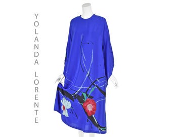 YOLANDA LORENTE Vintage Hand-Painted Cobalt Blue Silk Kaftan Dress SZ M/L