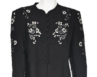 SONIA RYKIEL Vintage 1980s Long Black Beaded and Embroidered Jacket, SZ FR44 US12