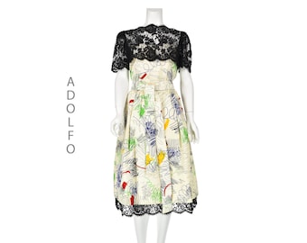 ADOLFO Vintage Two-Piece Silk Dress - Black Lace Yoke - Dirndl Skirt with Sash (Size 8)