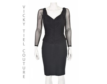 Vicky Tiel Couture 1980s Black Ruched Mesh Corseted Cocktail Dress, Paris, LBD, SZ SM