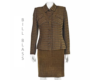 BILL BLASS 1990s Brown and Black Striped Jacket & Suede Skirt Suit, Size XS/S