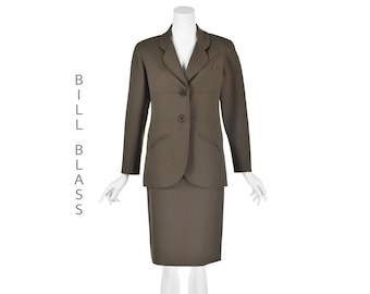 BILL BLASS Vintage Skirt Suit - Olive Brown Wool - Hand Sewn Demi-Couture - NWOT (Size 8-10)