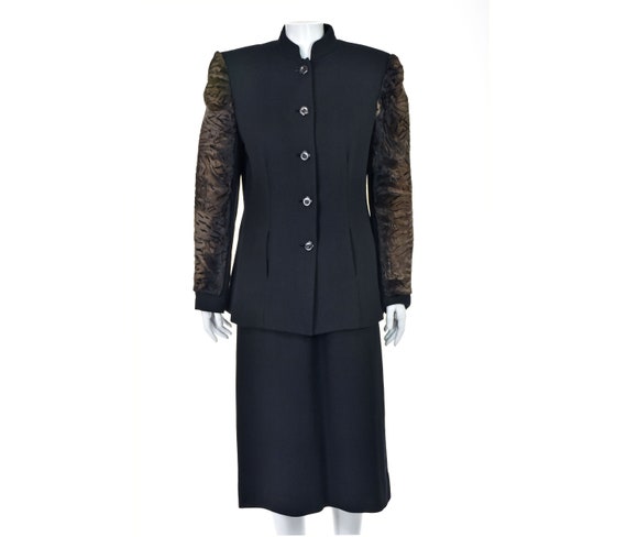 TRAVILLA Black Wool Crepe Skirt Suit with Fur Slee