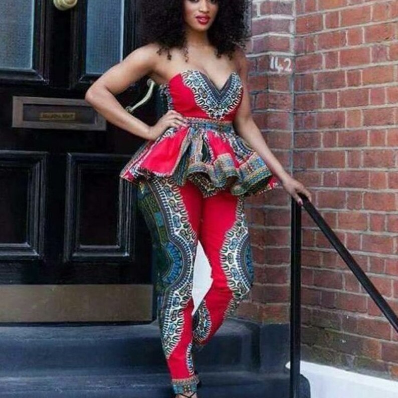 african women dashiki clothing,ankara peplum top and pant,african peplum top and pant,red african print two piece clothing,African dress set