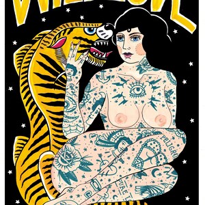 May include: A black and white illustration of a woman with a tiger. The woman is nude and has many tattoos, including a large eye on her chest. The tiger is yellow and black and has a fierce expression. The background is black with white stars.