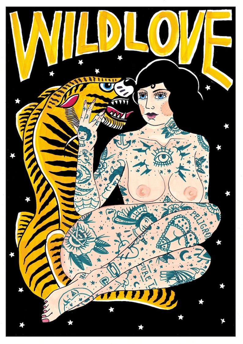 May include: A black and white illustration of a woman with a tiger. The woman is nude and has many tattoos, including a large eye on her chest. The tiger is yellow and black and has a fierce expression. The background is black with white stars.