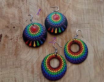 Rainbow earrings, pride accessories , drop earrings, round earrings, hand painted earrings, colorful earrings