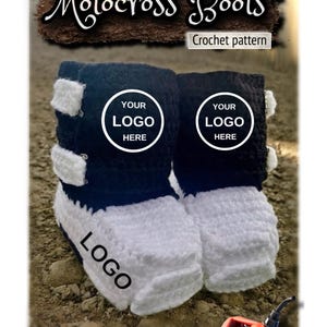 May include: A pair of black and white crochet motocross boots with the text "Uncle Mikey's Motocross Boots Crochet pattern". The boots have space for a logo and are made by Crystalized Customs.