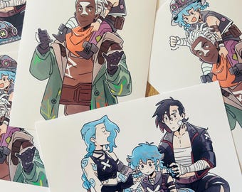 May include: Three cartoon characters with blue hair, one wearing a green jacket and orange scarf, one wearing a black tank top and purple trousers, and one wearing a black and white shirt and purple trousers. The characters are all smiling and looking at the viewer.