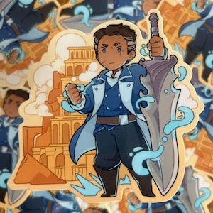 May include: A sticker featuring a cartoon character with brown skin, blue eyes, and gray hair. The character is wearing a blue and white jacket, blue pants, and black boots. The character is holding a large, silver sword with a blue handle. The character is standing in front of a building with a yellow facade and a brown roof. The background is a light blue sky with white clouds.