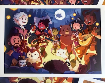 Puede incluir: Un grupo de personajes de dibujos animados reunidos alrededor de una fogata en un entorno de bosque. Los personajes incluyen un humano con barba, un humano con una espada, un humano con un laúd, un humano con un hacha, un oso, un goblin y un lobo. Todos los personajes sonríen y parecen estar disfrutando.