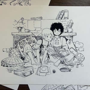 May include: Black and white illustration of two people reading a book together. They are surrounded by pillows, books, and other objects. The artwork is signed "The Nerdy Alchemist 2019".