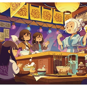 Puede incluir: Ilustraci&oacute;n de una escena de una tienda de ramen japonesa. Una mujer con kimono sirve ramen a los clientes. La escena est&aacute; llena de colores c&aacute;lidos, linternas y personajes estilizados. Se ven cuencos de ramen y palillos.