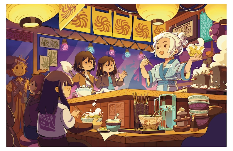Puede incluir: Ilustraci&oacute;n de una escena de una tienda de ramen japonesa. Una mujer con kimono sirve ramen a los clientes. La escena est&aacute; llena de colores c&aacute;lidos, linternas y personajes estilizados. Se ven cuencos de ramen y palillos.