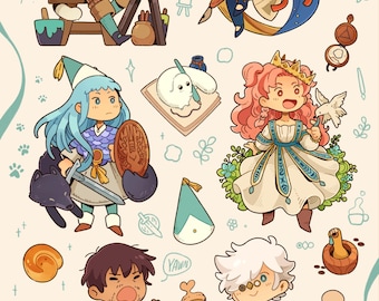 Peut inclure: Une illustration numérique d'un groupe de personnages de dessin animé, chacun avec une profession différente. Les personnages sont un peintre, un écrivain, un chevalier, une reine, un boulanger et un alchimiste. L'illustration est dans un style fantaisiste avec des couleurs vives et un ton léger. Le texte "The Nerdy Alchemist" est en bas de l'image.