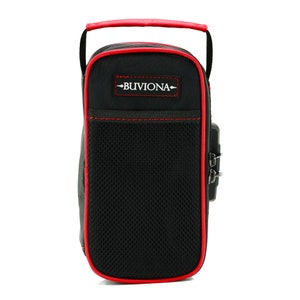 May include: Black zippered carrying case with a red trim and a red mesh pocket. The case has a red handle and a zippered closure with a lock. The case has the word "BUVIONA" printed in red on the front.