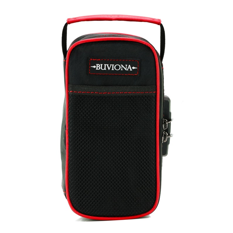 May include: Black zippered carrying case with a red trim and a red mesh pocket. The case has a red handle and a zippered closure with a lock. The case has the word "BUVIONA" printed in red on the front.