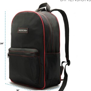 Puede incluir: Mochila negra con ribetes rojos y un bolsillo frontal con cremallera. La mochila mide 61 cm de alto, 41 cm de ancho y 23 cm de profundidad. La mochila tiene el texto "Buviona" en la parte delantera.