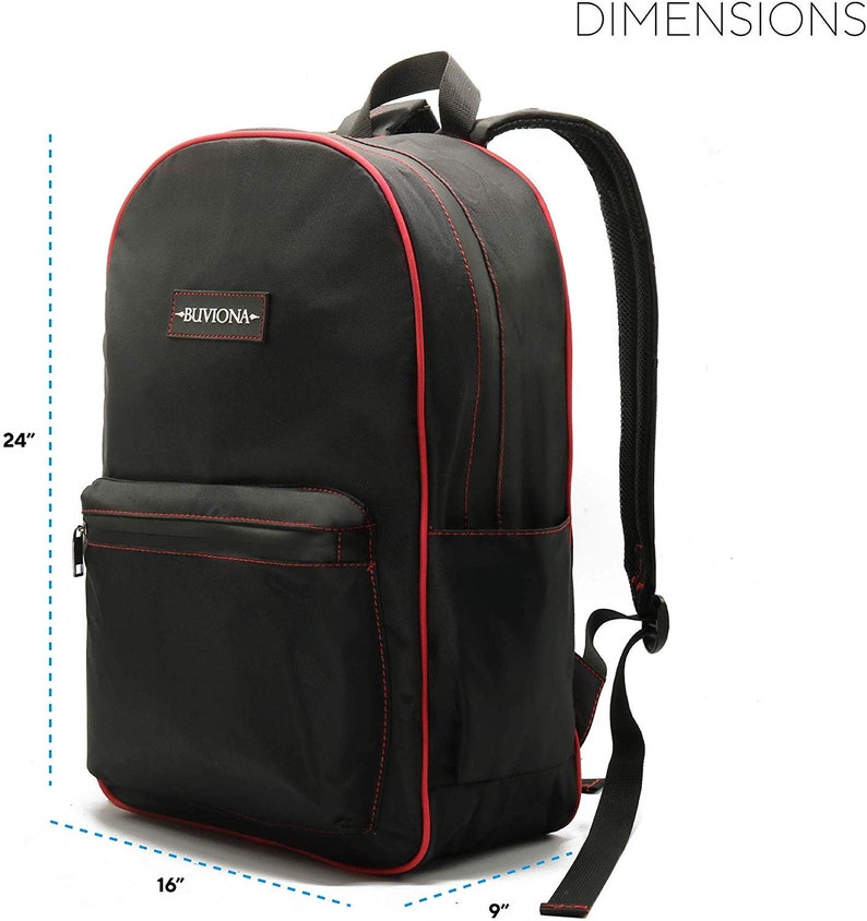 Puede incluir: Mochila negra con ribetes rojos y un bolsillo frontal con cremallera. La mochila mide 61 cm de alto, 41 cm de ancho y 23 cm de profundidad. La mochila tiene el texto "Buviona" en la parte delantera.