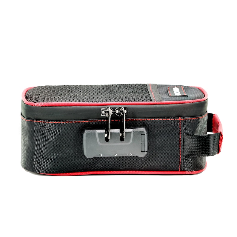 May include: Black travel case with a red trim and a combination lock. The case has a zipper closure and a carrying handle.