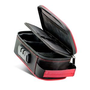 May include: A black and red lockable storage case with a zipper closure and a red handle. The case has a mesh interior and multiple compartments.