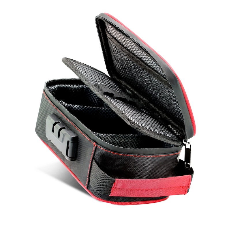 May include: A black and red lockable storage case with a zipper closure and a red handle. The case has a mesh interior and multiple compartments.