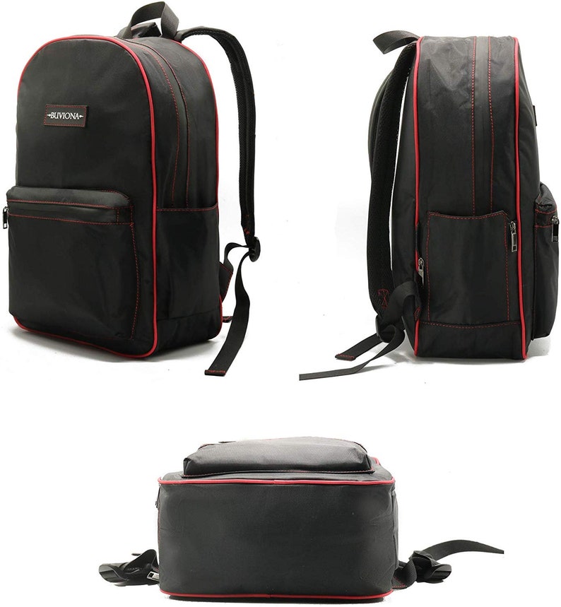 Puede incluir: Mochila negra con ribetes rojos y un bolsillo con cremallera en la parte delantera. La mochila tiene la palabra "BUYONA" impresa en la parte delantera.