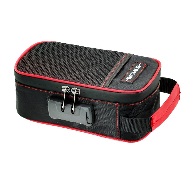 May include: Black travel bag with a red zipper and a combination lock. The bag has a red handle and the word "INVICTUS" printed on the side.
