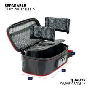 May include: Black travel case with red trim and a combination lock. The case has a zippered opening and a mesh interior with removable compartments. The case measures 8.5 inches wide, 4.75 inches long, and 3.2 inches high. "QUALITY WORKMANSHIP" is printed on the bottom of the case.