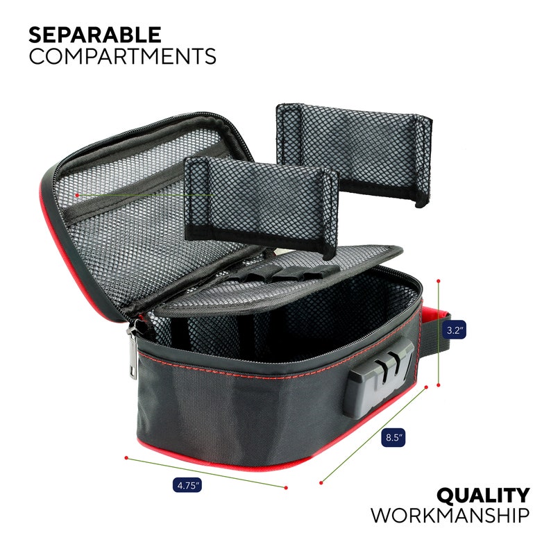 May include: Black travel case with red trim and a combination lock. The case has a zippered opening and a mesh interior with removable compartments. The case measures 8.5 inches wide, 4.75 inches long, and 3.2 inches high. "QUALITY WORKMANSHIP" is printed on the bottom of the case.