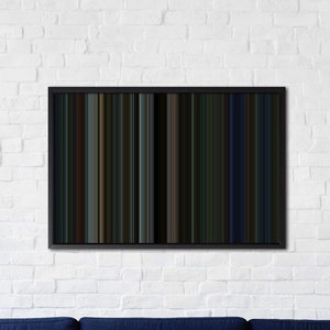 Può includere: Un poster di codice a barre in bianco e nero incorniciato con una varietà di barre colorate. Il poster è appeso a un muro di mattoni bianchi sopra un divano blu.