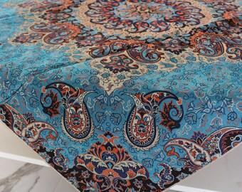 Aqua Blue, Orange et Or Nappe faite à la main, Nappe artisanale persane, Termeh, Table Overlay, Fabric, Occasion Spéciale