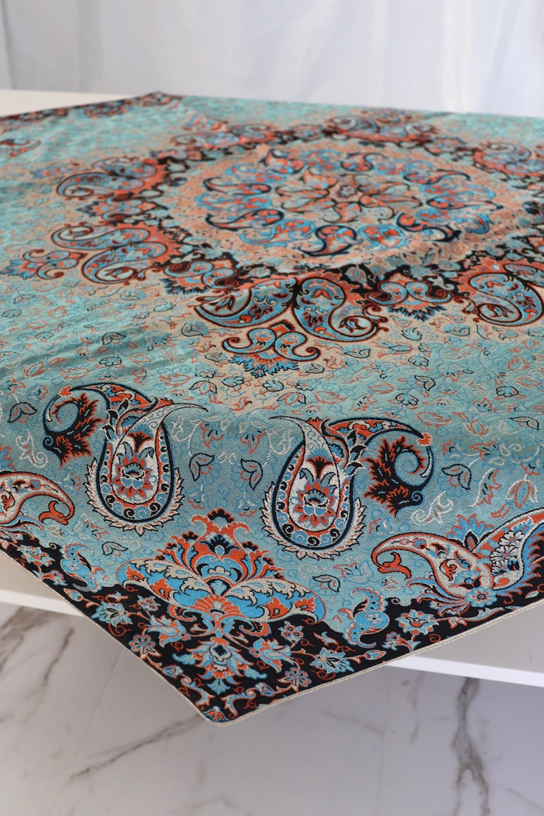 Termeh,Table Overlay,Fabric Turquoise Blue Orange and Gold Handmade Tablecloth Paisley Designs Tablecloth Persian Handcrafted Tablecloth