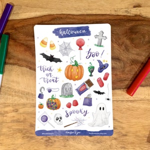 Feuille d'autocollants d'Halloween (saison automne automne fantasmagorique, vacances, pommes, déguisement, bonbons, cadeau, agenda de décoration, cahier, pense-bêtes)