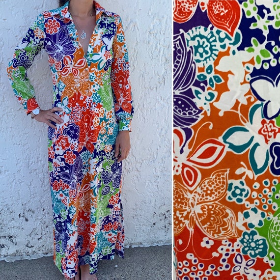 Vintage 70s long sleeve disco maxi dress bright