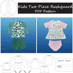 Puede incluir: Un patrón PDF digital para un rashguard de dos piezas para niños. El patrón incluye un rashguard de manga larga con estampado tropical de hojas verdes y blancas, un short verde, un rashguard de manga corta con estampado de cuadros rosa y blanco y floral, y un short de cuadros rosa y blanco. El patrón está disponible en tallas de 3 meses a 12 años. Kids Two Piece Rashguard PDF Pattern.