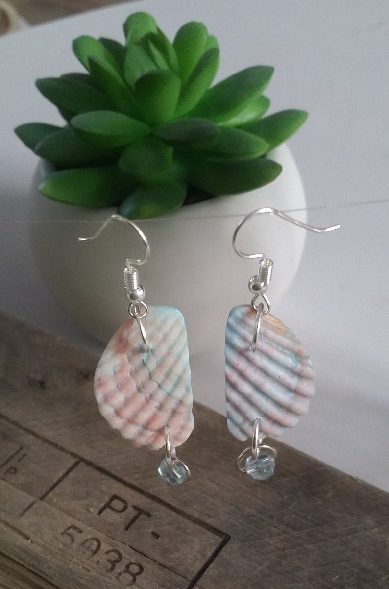 May include: A pair of earrings featuring a light blue and pink seashell design with a silver hook and a small blue crystal charm.