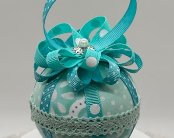 Handgemaakt kimekomi-ornament: turkoois lint, Moederdagdecoratie