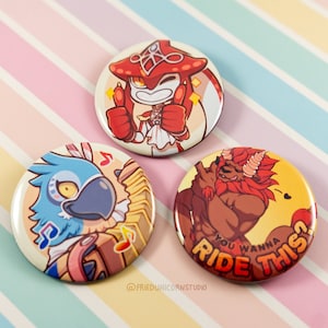 BotW 2in Pinback Button Set - Kass, Zora Prince Sidon, Red-Maned Lynel