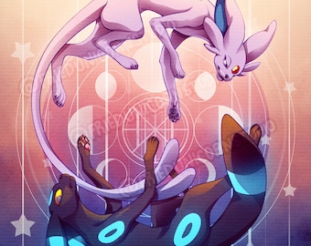 Stampa artistica opaca del ciclo lunare di Espeon e Shiny Umbreon