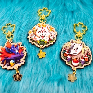 Okami Inspired Animal Wood Keychain Charm - Amaterasu Oki Ninetails