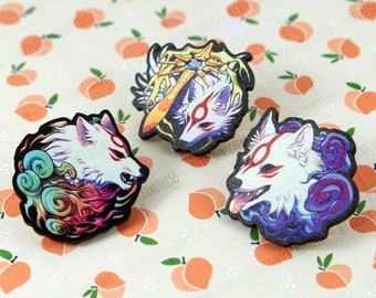 May include: Three wooden pins featuring a white wolf with red markings. The wolf on the left is surrounded by swirling green and red flames. The wolf in the center is surrounded by a yellow sun and a sword. The wolf on the right is surrounded by purple and blue flowers.