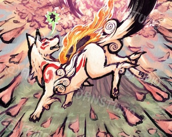 May include: A white wolf with a red and white design on its chest and a long, black tail with a swirl pattern. The wolf is running towards a swirling pink and black circle with a green flower in the background.