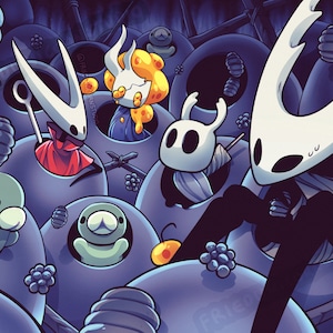 May include: A digital illustration of a group of characters from the video game Hollow Knight. The characters are in a dark, cave-like setting and are surrounded by glowing orbs. The characters are all wearing masks and have a variety of colors and designs.
