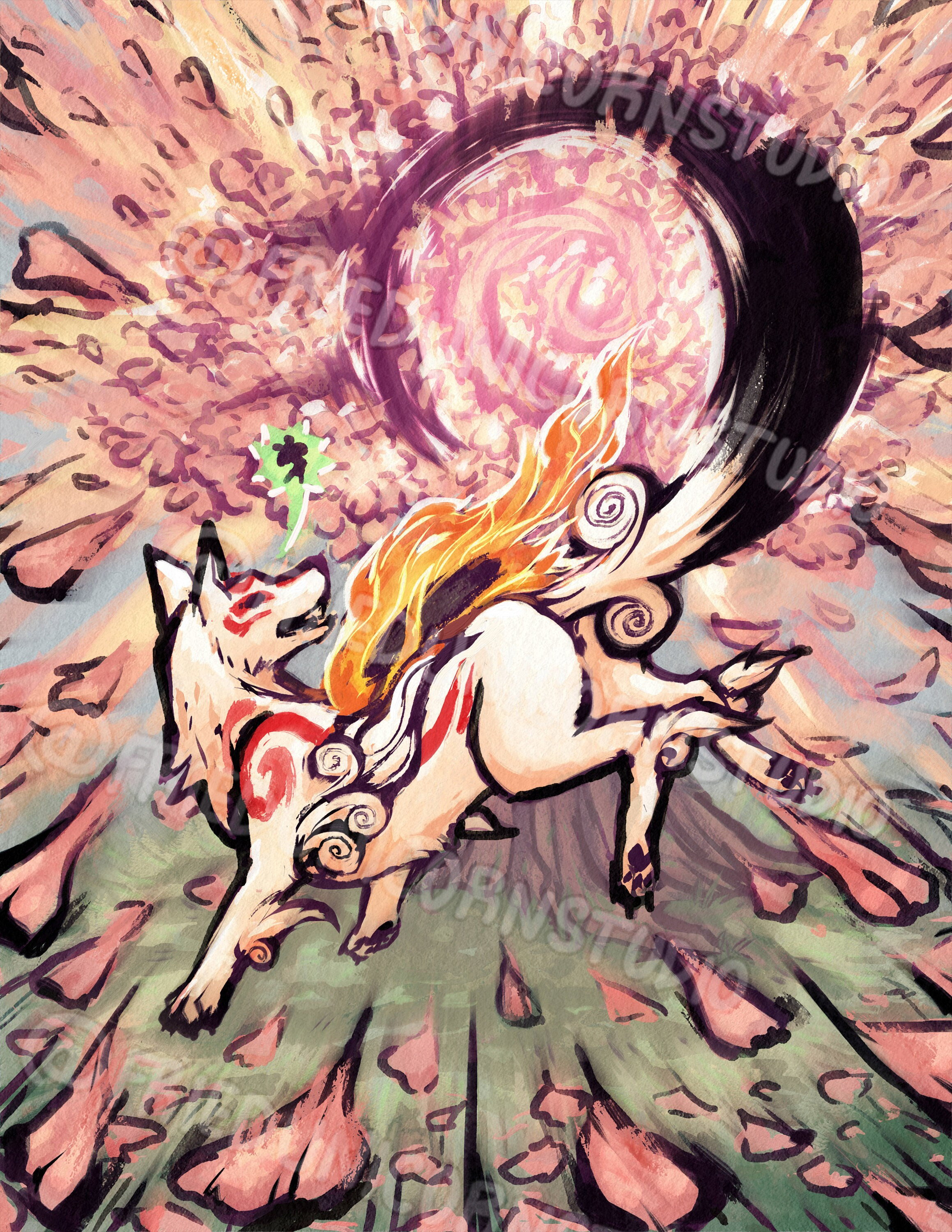 Okami Amaterasu Flower Trail Solar Flare Matte Art Print