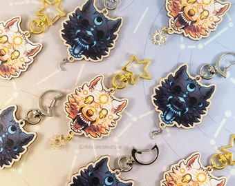 Sun and Moon Devourer Hati and Skoll Inspired Solar and Lunar Wolves 2in Wooden Keychain Charms