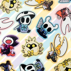 Hollow Knight 2in Weatherproof Glitter Stickers- Ghost / the Knight, Hornet, Quirrel, the Hollow Knight / Sealed Vessel, Radiance, Grimm